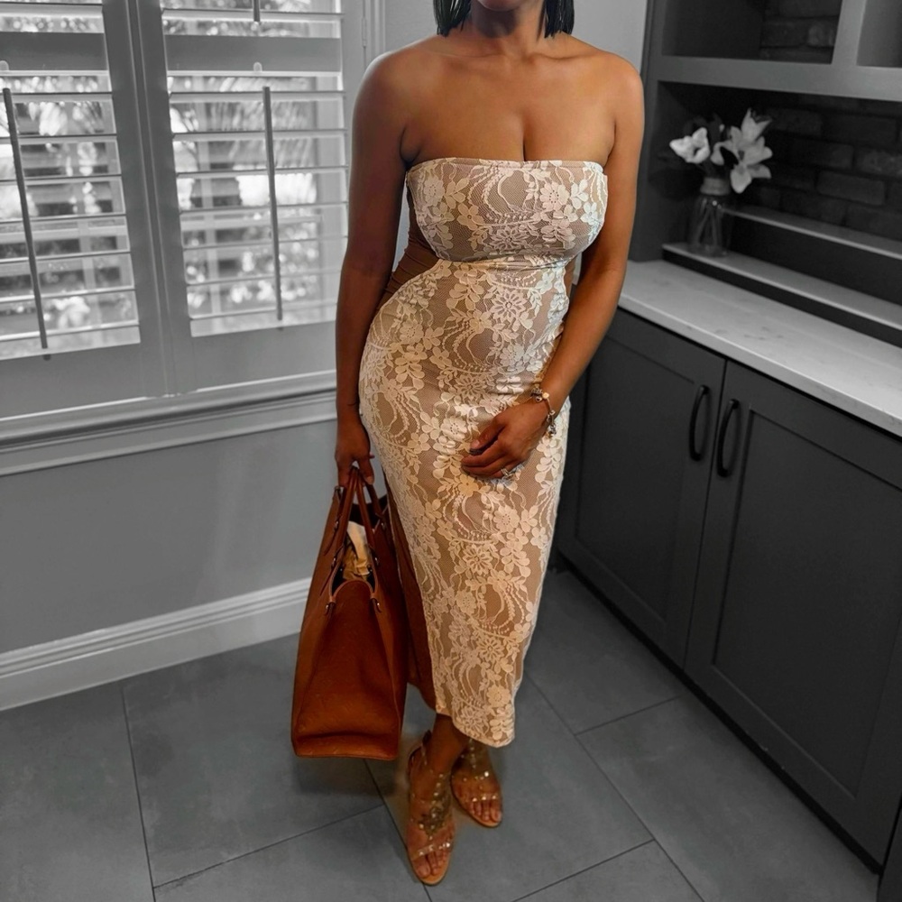 White Lace and Tan Tube Top Midi Dress